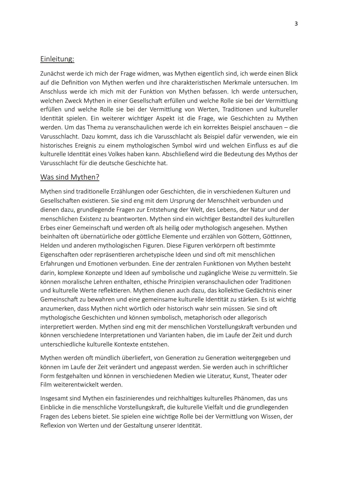 Mythen der Deutschen Geschichte
Die Varusschlacht
1 Inhaltsverzeichnis
1. Einleitung
2. Was sind Mythen?
3. Merkmale von Mythen
4. Welche Fu
