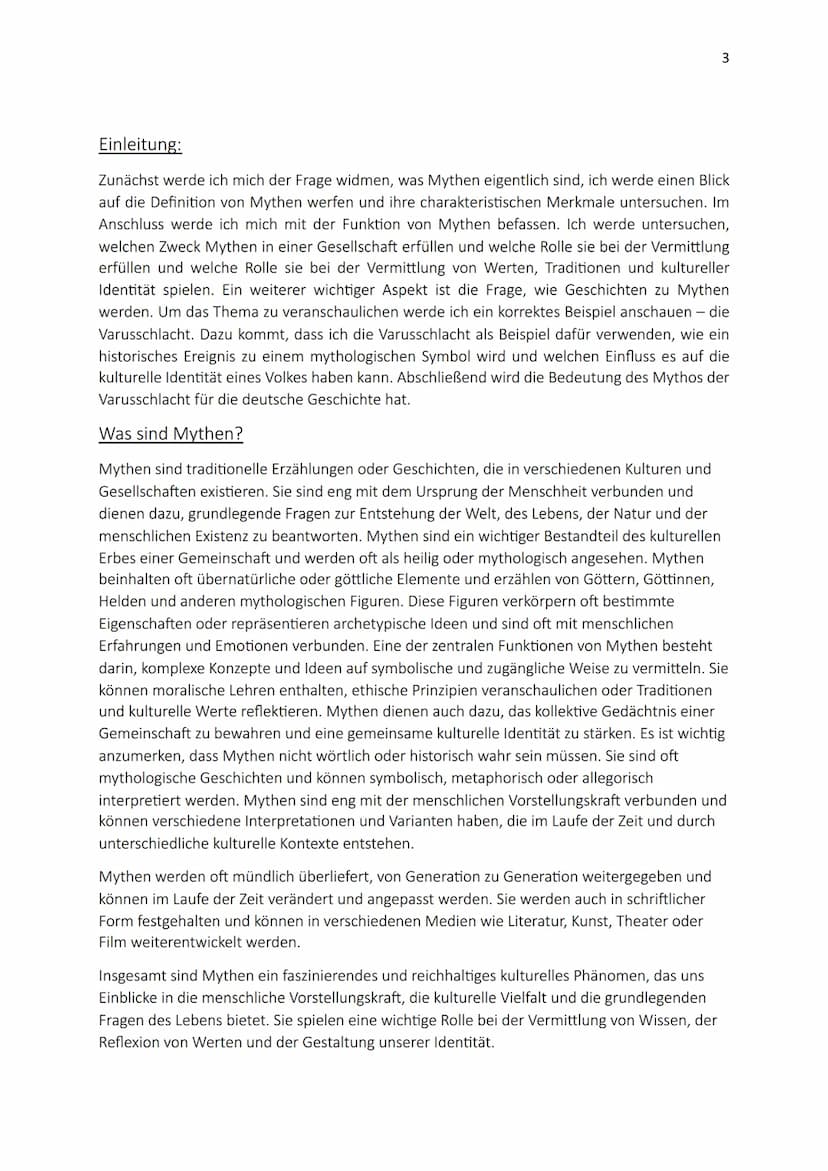 Mythen der Deutschen Geschichte
Die Varusschlacht
1 Inhaltsverzeichnis
1. Einleitung
2. Was sind Mythen?
3. Merkmale von Mythen
4. Welche Fu