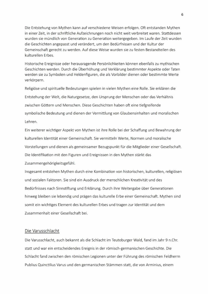 Mythen der Deutschen Geschichte
Die Varusschlacht
1 Inhaltsverzeichnis
1. Einleitung
2. Was sind Mythen?
3. Merkmale von Mythen
4. Welche Fu