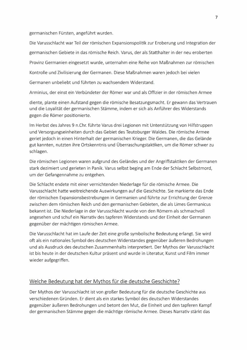 Mythen der Deutschen Geschichte
Die Varusschlacht
1 Inhaltsverzeichnis
1. Einleitung
2. Was sind Mythen?
3. Merkmale von Mythen
4. Welche Fu