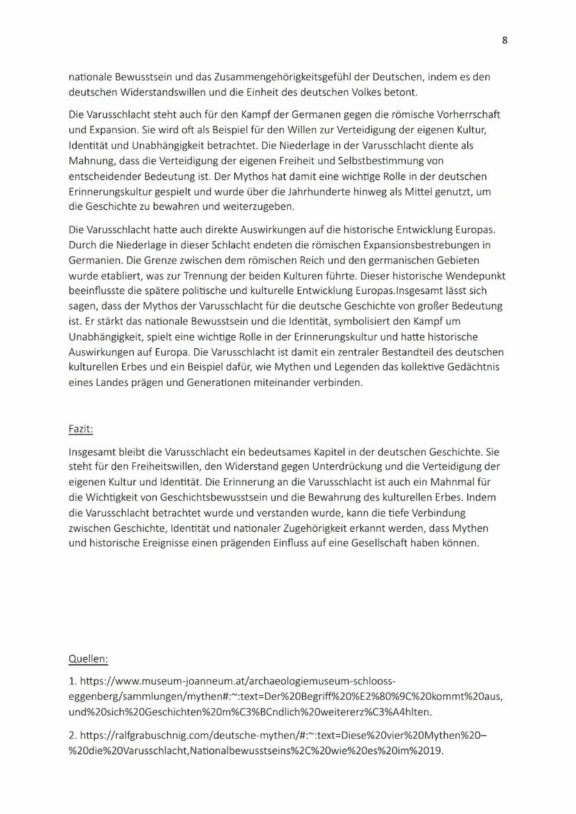 Mythen der Deutschen Geschichte
Die Varusschlacht
1 Inhaltsverzeichnis
1. Einleitung
2. Was sind Mythen?
3. Merkmale von Mythen
4. Welche Fu