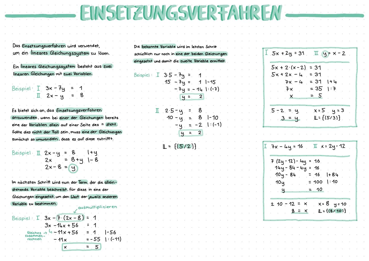 Das Einsetzungsverfahren wird verwendet,
um ein lineares Gleichungssystem zu lösen.
Ein lineares Gleichungssystem besteht aus zwei
linearen 