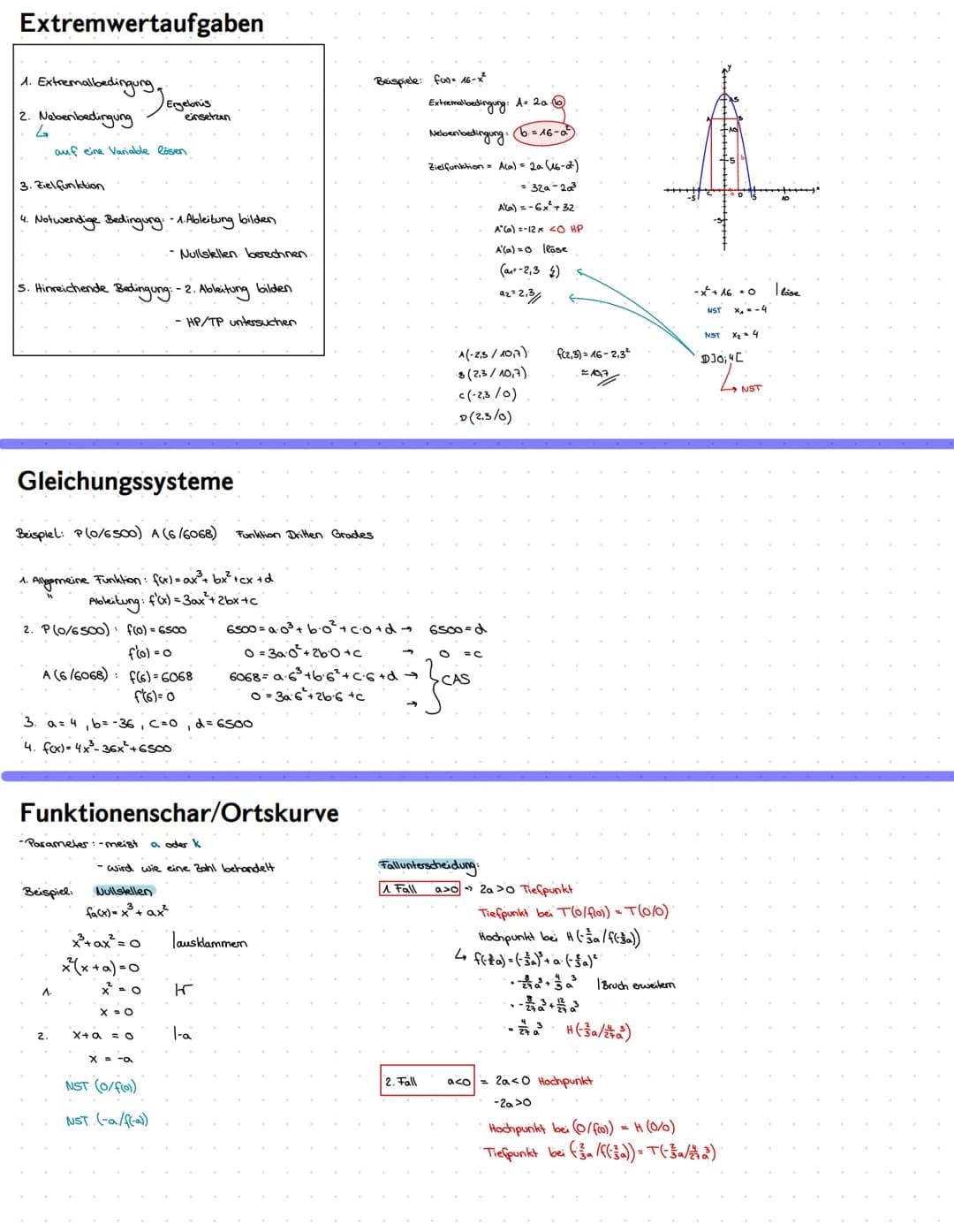 Ableitung
Ableitung rechnerisch:
1. f(x) = ax³ + bx² +c
2. f'(x) 30x² + 2bx
3. "(x) = 6ax + 2b
Aldauf: 1. Ableitungen bilden
2 f'(x) = setze