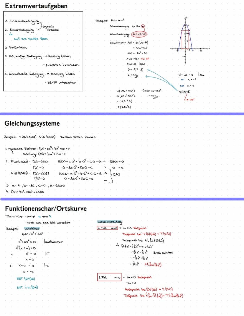 Ableitung
Ableitung rechnerisch:
1. f(x) = ax³ + bx² +c
2. f'(x) 30x² + 2bx
3. "(x) = 6ax + 2b
Aldauf: 1. Ableitungen bilden
2 f'(x) = setze