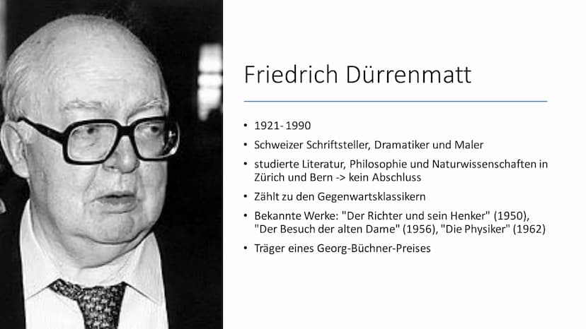 Der Besuch der alten Dame
Von Friedrich Dürrenmatt Friedrich Dürrenmatt
● 1921-1990
Schweizer Schriftsteller, Dramatiker und Maler
studierte