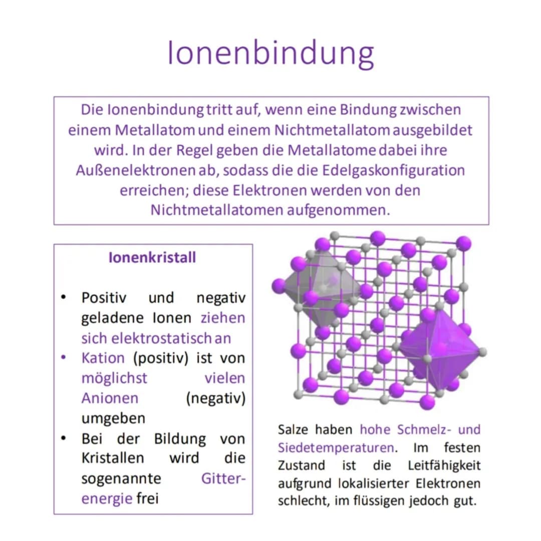Allgemeines
Grundlage der
elektrostatische
Eine chemische Bindung
beschreibt ein Phänomen, bei
dem zwei oder mehrere
Atome oder lonen zu
che