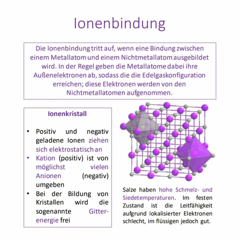 Allgemeines
Grundlage der
elektrostatische
Eine chemische Bindung
beschreibt ein Phänomen, bei
dem zwei oder mehrere
Atome oder lonen zu
che
