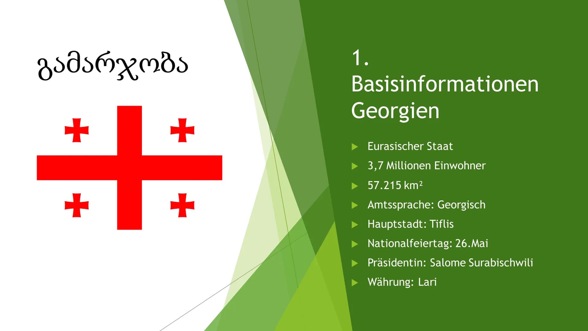 1. Basisinformationen Georgien
Eurasischer staat, liegt an der Grenze zwischen Europa und Asien im Südkaukasus, östlich des
Schwarzen Meeres