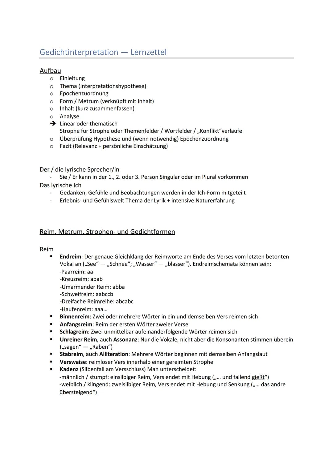 Gedichtinterpretation Lernzettel
Aufbau
O
Einleitung
O Thema (Interpretationshypothese)
O
O
O Analyse
➜Linear oder thematisch
Strophe für St