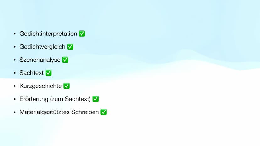 Methoden
Abi 23 NRW - Deutsch LK ●
●
●
Gedichtinterpretation ✓
Gedichtvergleich ✔
Szenenanalyse ✔
Sachtext ✔
Kurzgeschichte ✓
Erörterung (zu