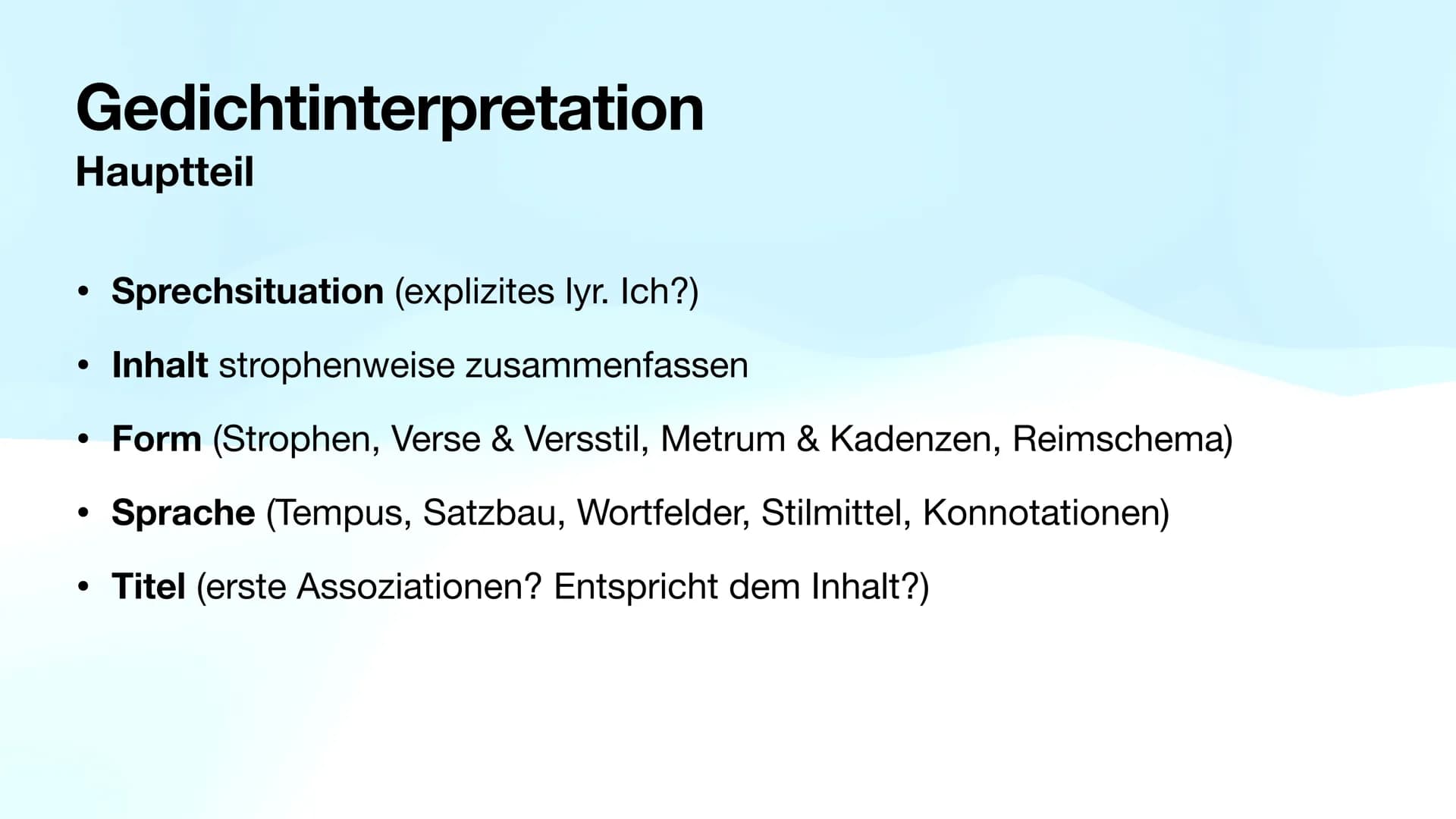 Methoden
Abi 23 NRW - Deutsch LK ●
●
●
Gedichtinterpretation ✓
Gedichtvergleich ✔
Szenenanalyse ✔
Sachtext ✔
Kurzgeschichte ✓
Erörterung (zu