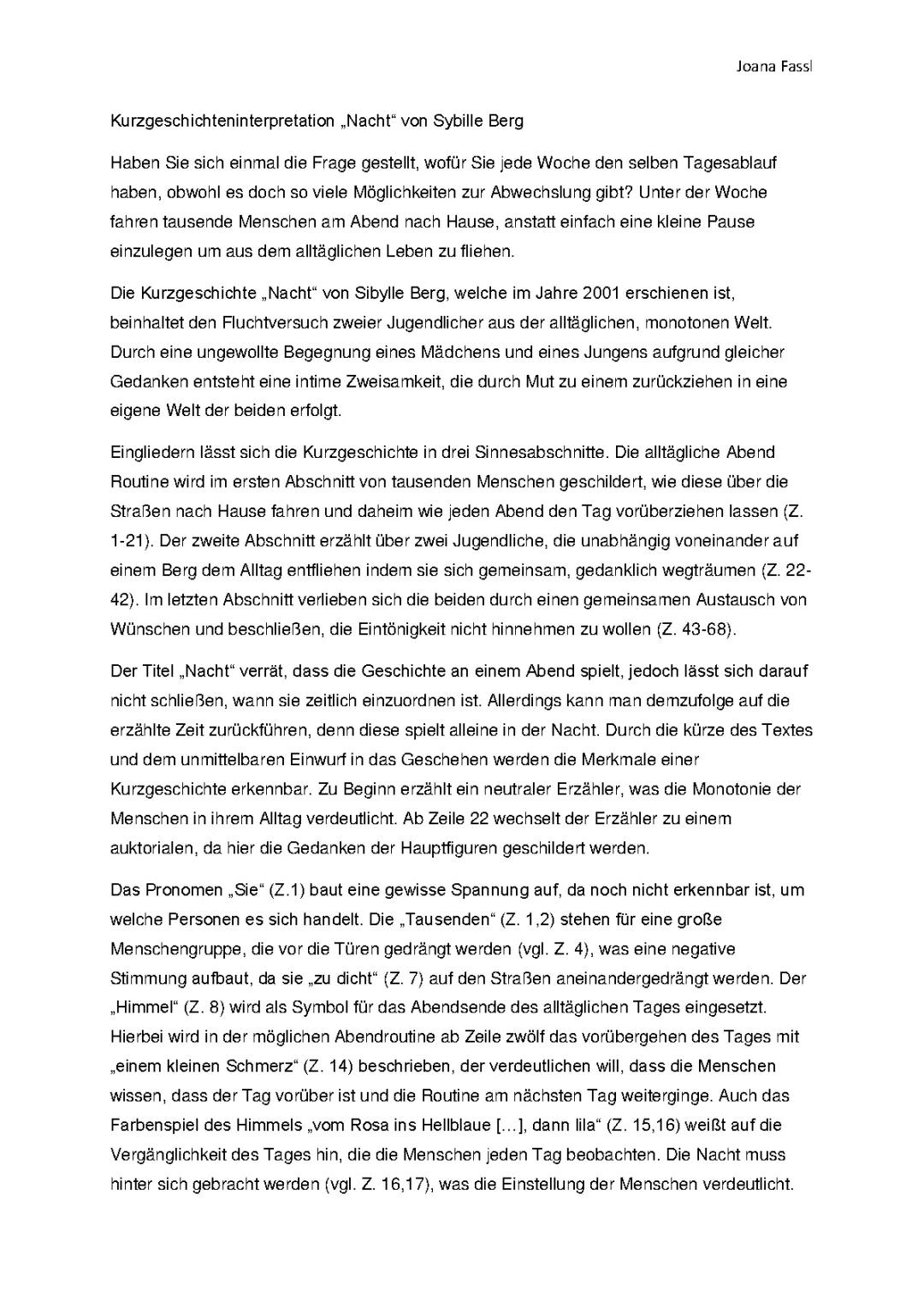 Interpretation „Nacht“ von Sybille Berg