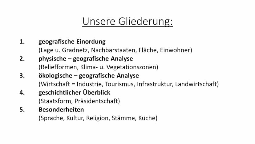 Chile
Aus der Sprache der Aymara: „chilli“ = „Land, wo die Welt zu Ende ist" 1. geografische Einordung
2.
Unsere Gliederung:
3.
(Reliefforme
