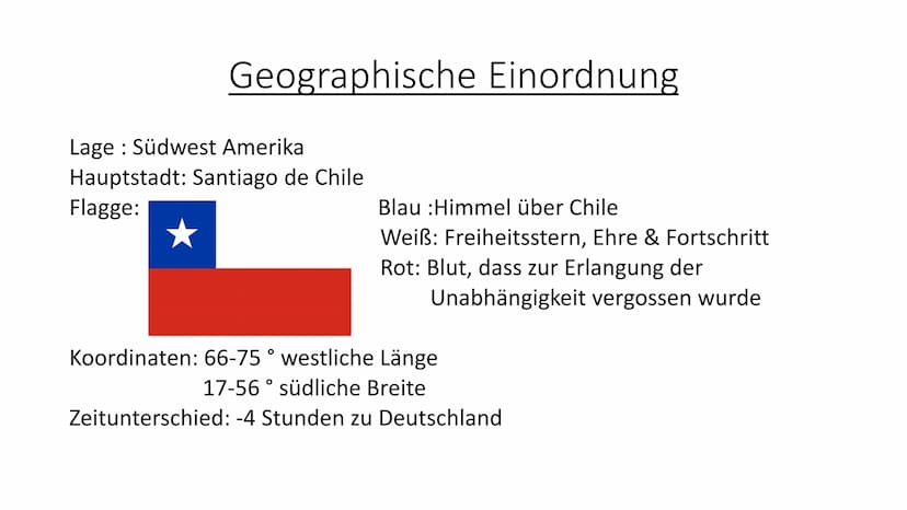 Chile
Aus der Sprache der Aymara: „chilli“ = „Land, wo die Welt zu Ende ist" 1. geografische Einordung
2.
Unsere Gliederung:
3.
(Reliefforme