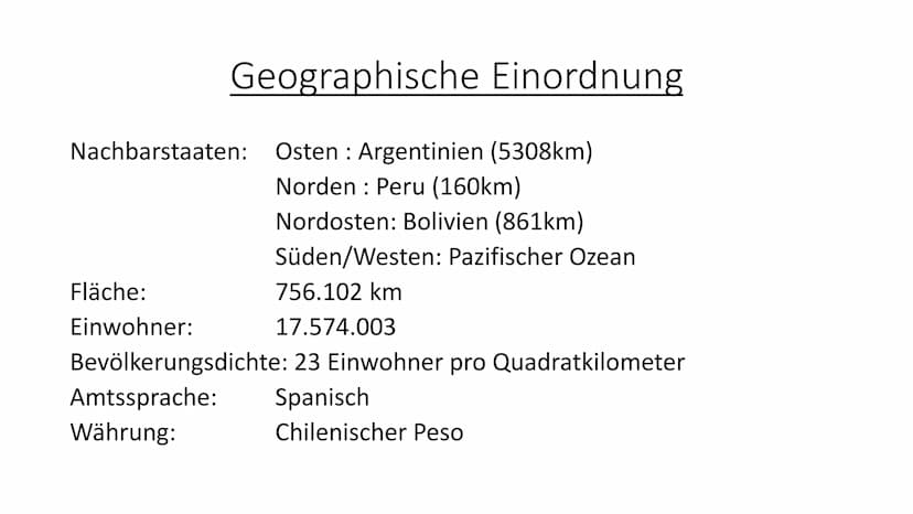 Chile
Aus der Sprache der Aymara: „chilli“ = „Land, wo die Welt zu Ende ist" 1. geografische Einordung
2.
Unsere Gliederung:
3.
(Reliefforme