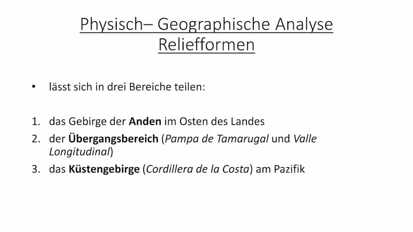 Chile
Aus der Sprache der Aymara: „chilli“ = „Land, wo die Welt zu Ende ist" 1. geografische Einordung
2.
Unsere Gliederung:
3.
(Reliefforme