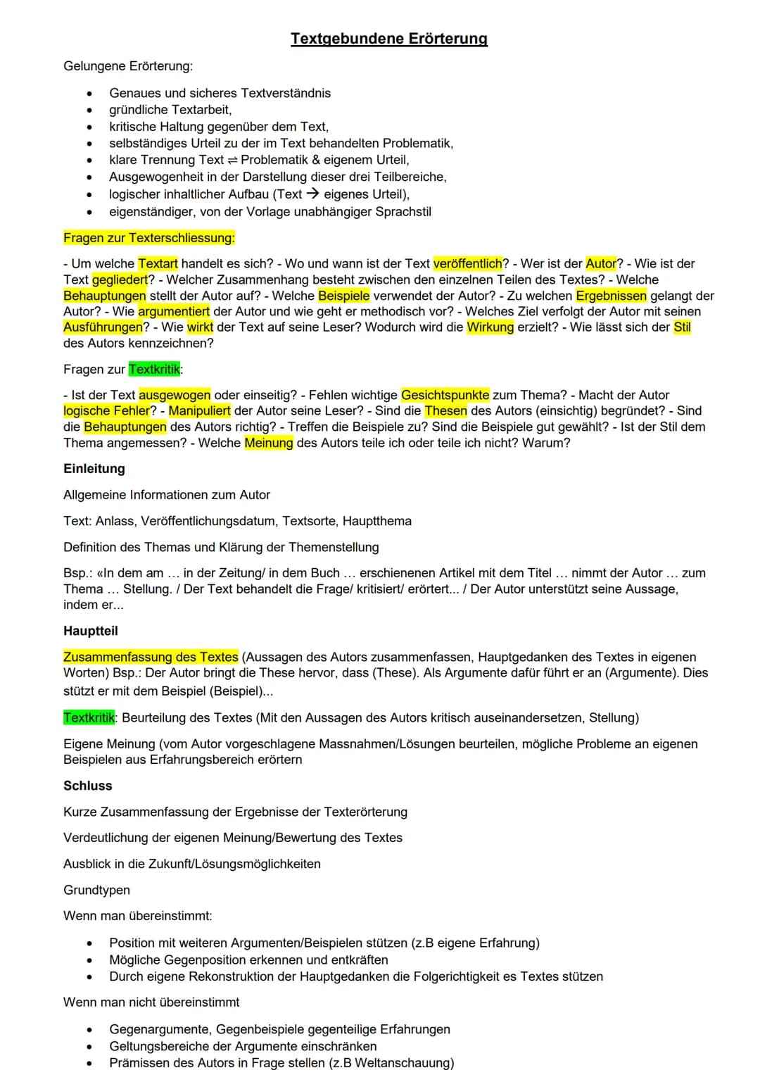 Gelungene Erörterung:
● Genaues und sicheres Textverständnis
● gründliche Textarbeit,
●
●
●
●
●
Fragen zur Texterschliessung:
- Um welche Te