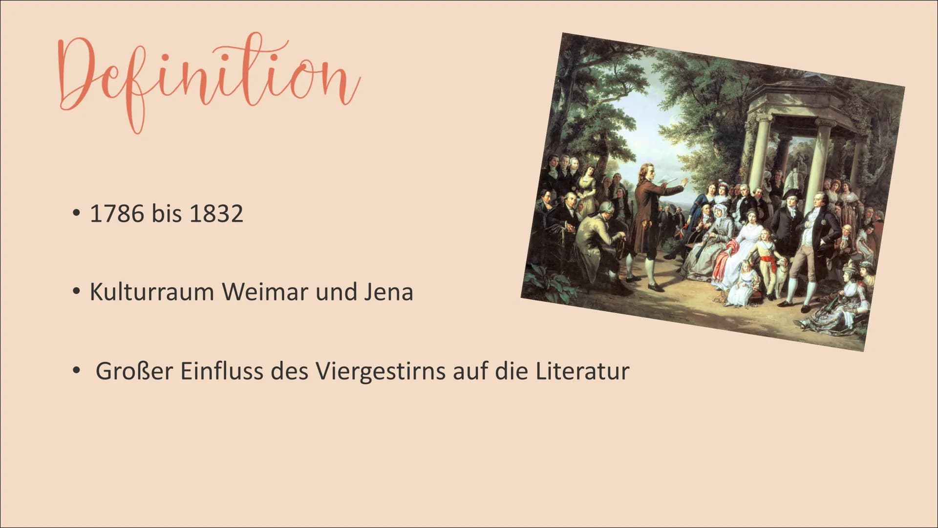 L
Weimarer
Klassik
L Weimarer Klassik
Definition
1786-1832 (Goethes erste Italienreise - Goethes Tod)
- Kulturraum Weimar und Jena
- Großer 