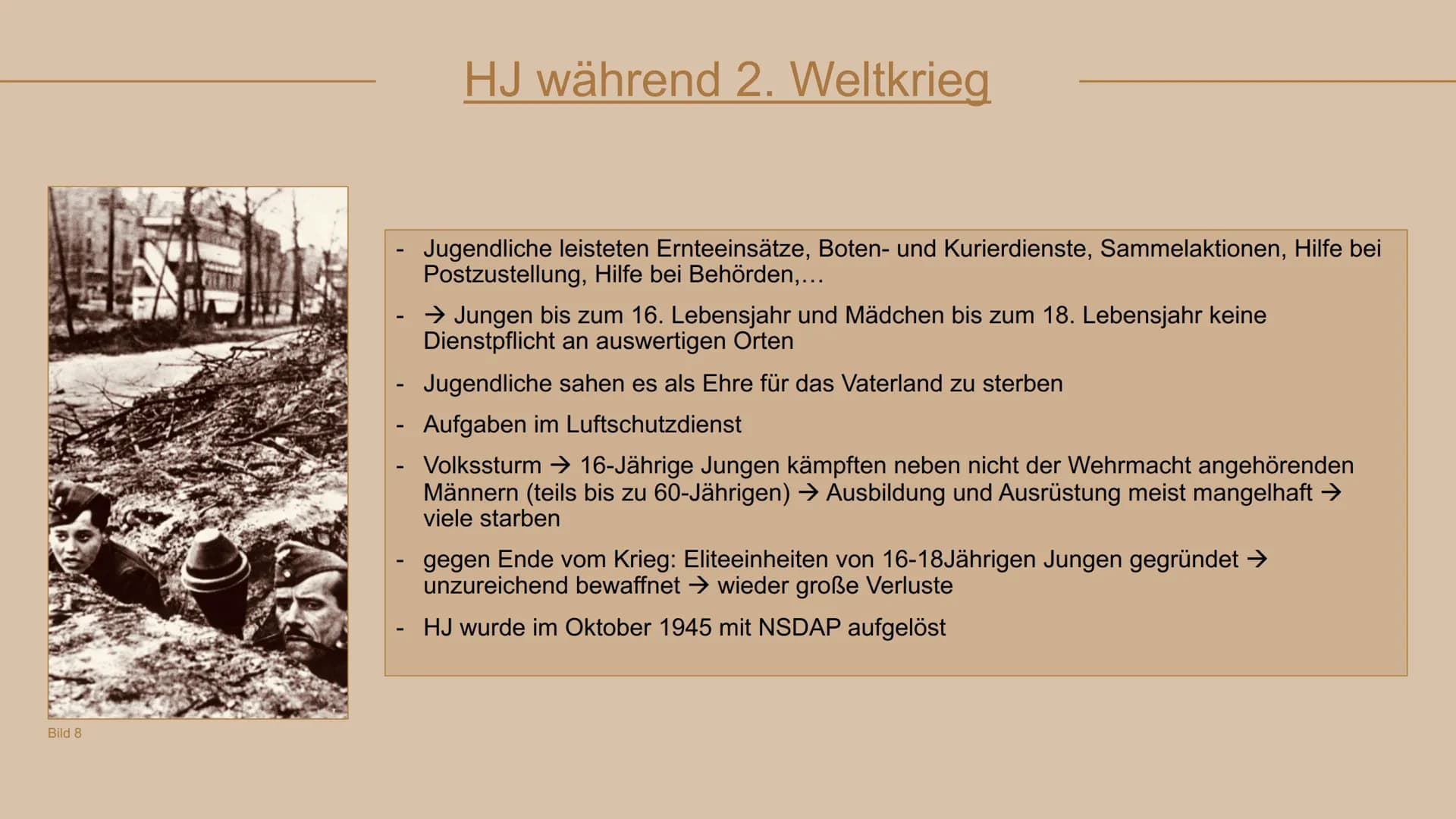 Hitlerjugend
HJ
Bild 1 ●
Folie 1: Deckblatt
• Folie 2: Gliederung
• Folie 3: Entstehung/Gründung
• Folie 4: Wodurch wurde HJ für Hitlerjugen