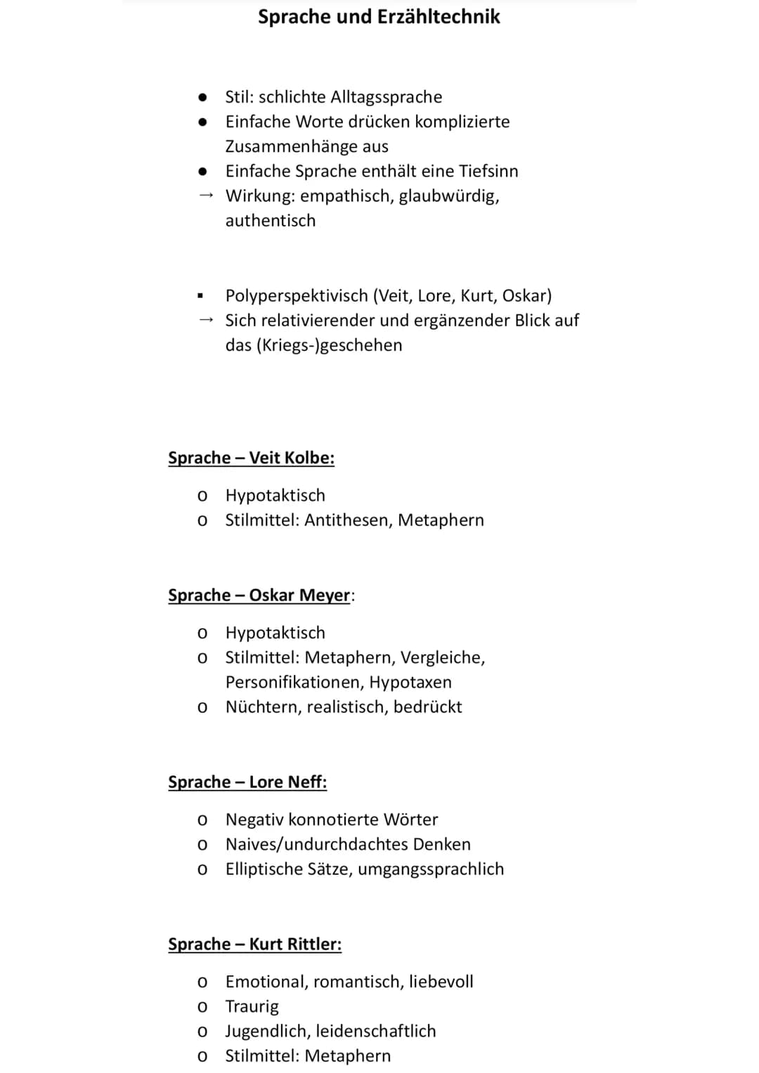 ●
-
■
->
Sprache und Erzähltechnik
Stil: schlichte Alltagssprache
Einfache Worte drücken komplizierte
Zusammenhänge aus
Einfache Sprache ent