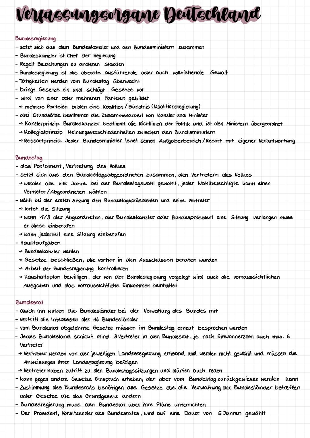 Verfassungsorgane Deutschland
Bundesregierung
- setzt sich aus dem Bundeskanzler und den Bundesministern zusammen
Bundeskanzler ist Chef der