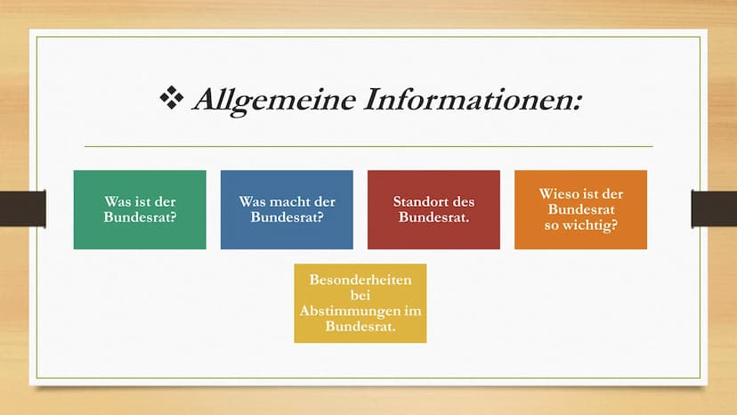 Der Bundesrat
Von: Al Massalmeh Btoul und
Altally Nagham ●
●
●
●
Gliederung:
Allgemeine Informationen
Zusammensetzung des Bundesrats
Funktio