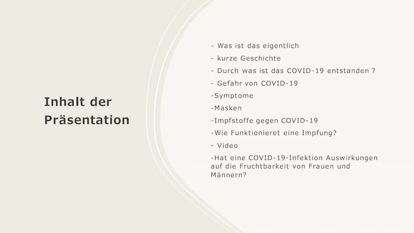 COVID-19
Von Judi Sheikho Inhalt der
Präsentation
- Was ist das eigentlich
- kurze Geschichte
- Durch was ist das COVID-19 entstanden ?
- Ge