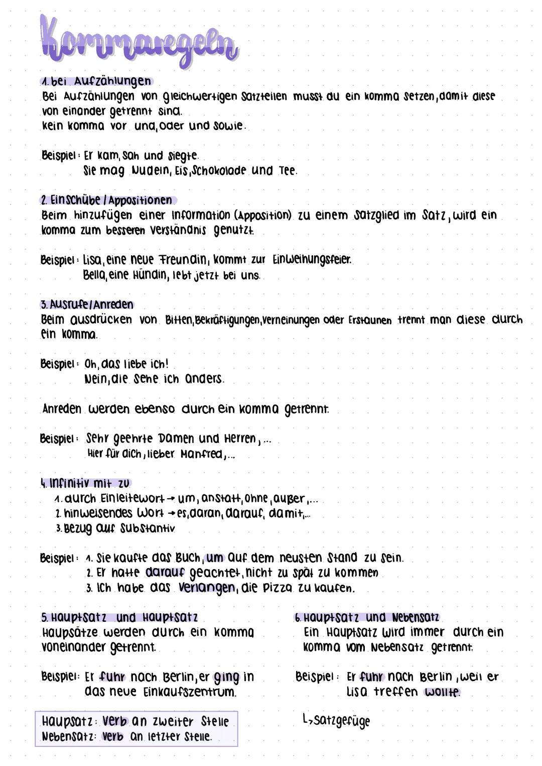 # Kommaregeln

1. bei Aufzählungen
Bei Aufzählungen von gleichwertigen Satzteilen musst du ein komma setzen, damit diese
von einander getren
