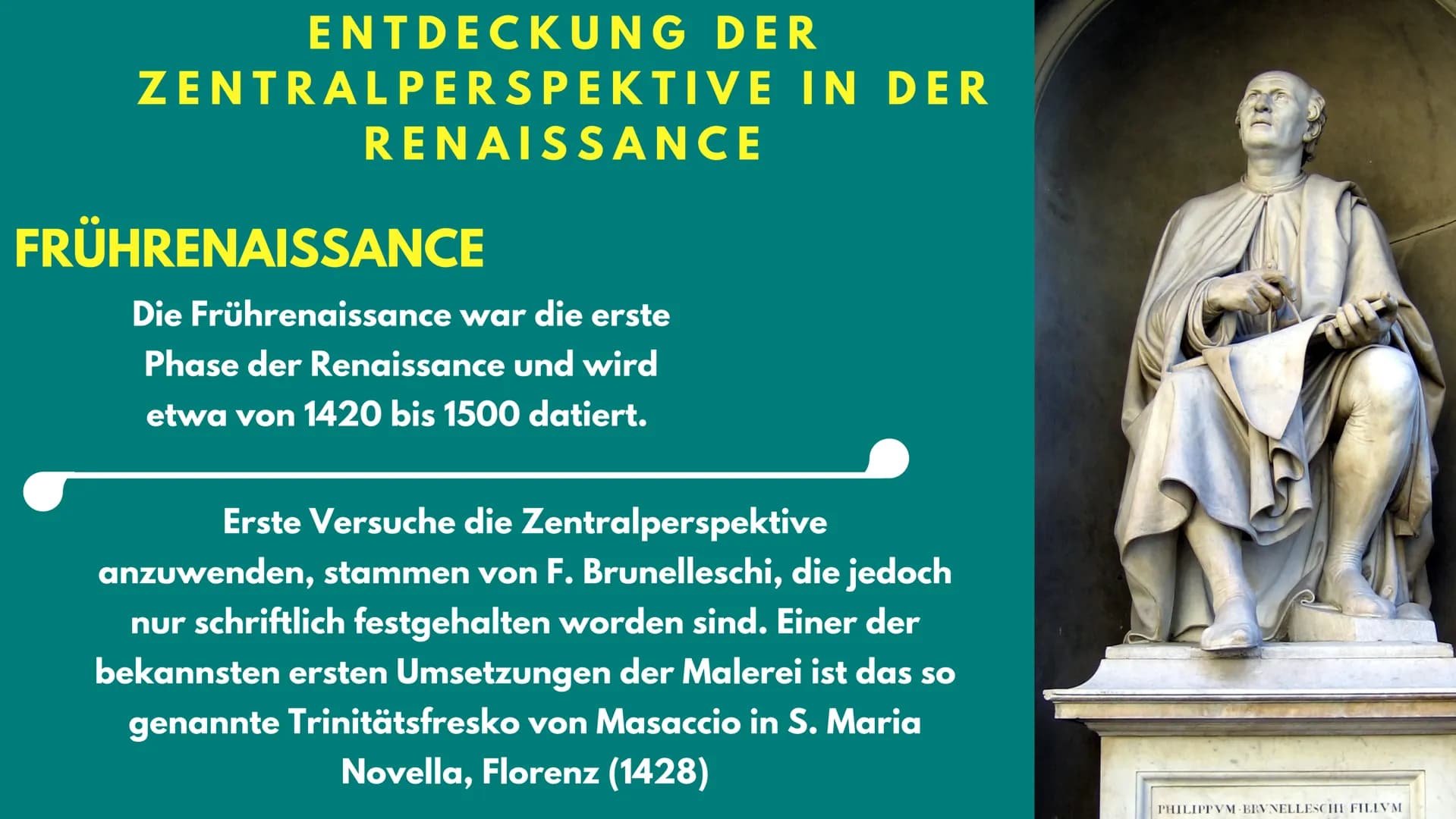 Jalala
Tre
ENTDECKUNG DER ZENTRALPERSPEKTIVE IN
DER RENAISSANCE WAS WERDEN
WIR UNS
ANSCHAUEN?
●
Entdeckung der Zentralperspektive in der
Zen
