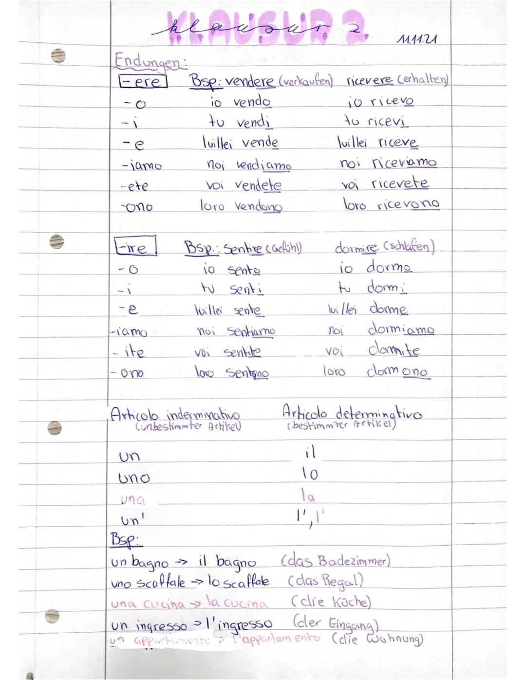 Endungen -ere und -ire, Zimmer Beschreibung und Grammatik 