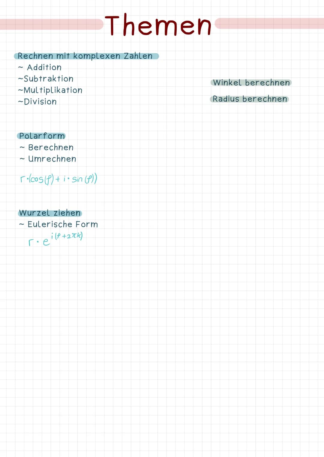 Rechnen mit komplexen Zahlen
Addition
~Subtraktion
~Multiplikation
~Division
Polarform
~ Berechnen
- Umrechnen
r.(cos(f) + i sin (f))
Wurzel