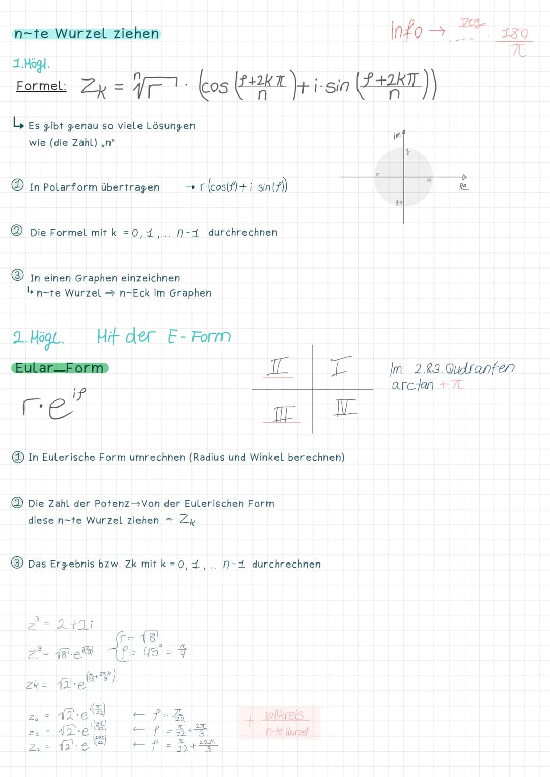 Rechnen mit komplexen Zahlen
Addition
~Subtraktion
~Multiplikation
~Division
Polarform
~ Berechnen
- Umrechnen
r.(cos(f) + i sin (f))
Wurzel