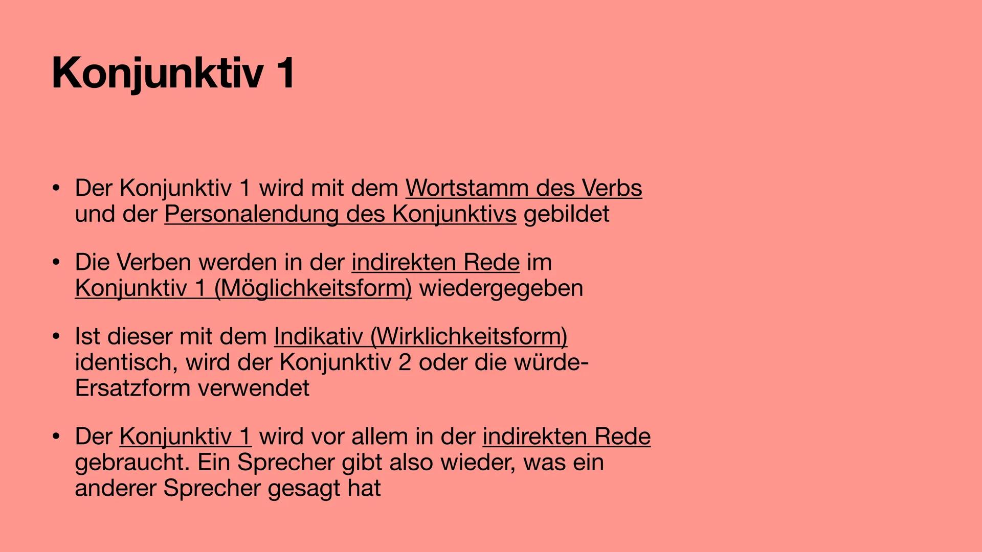 Präsentation
Rechtschreibung und Grammatik Konjunktiv 1
• Der Konjunktiv 1 wird mit dem Wortstamm des Verbs
und der Personalendung des Konju