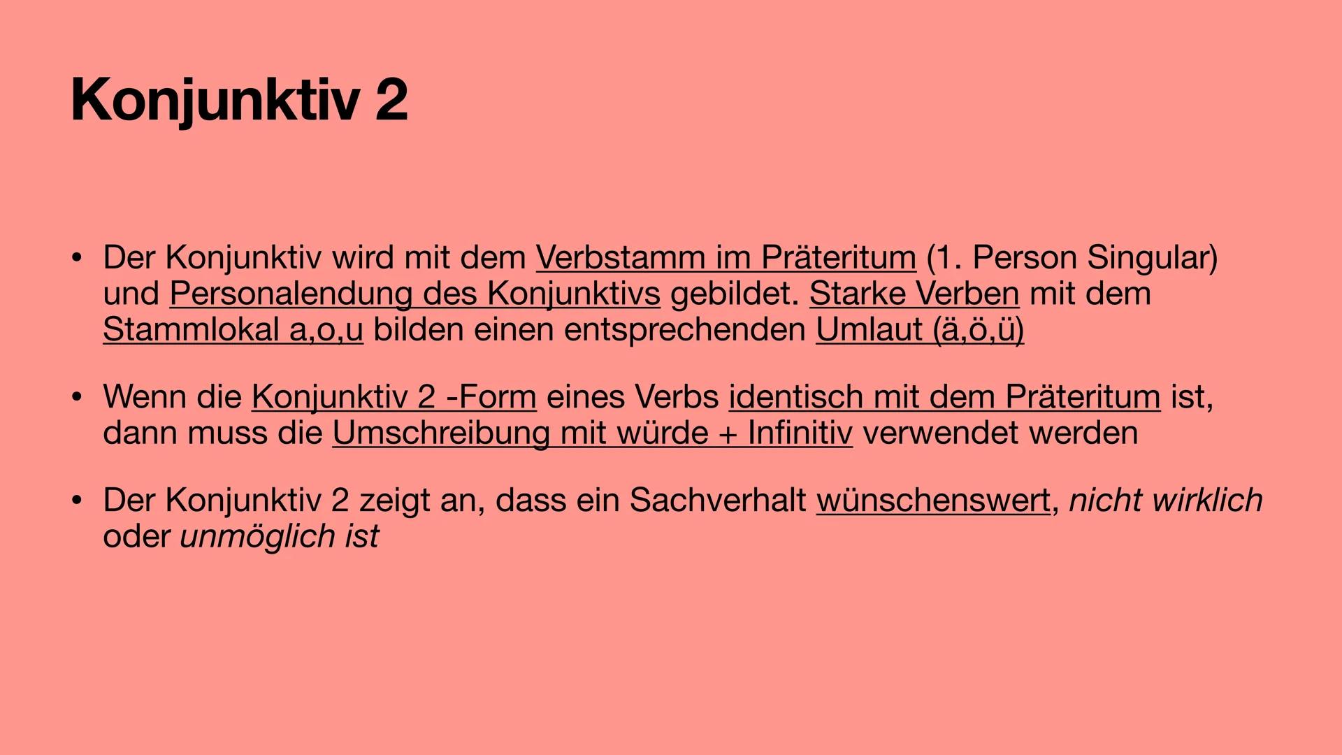 Präsentation
Rechtschreibung und Grammatik Konjunktiv 1
• Der Konjunktiv 1 wird mit dem Wortstamm des Verbs
und der Personalendung des Konju