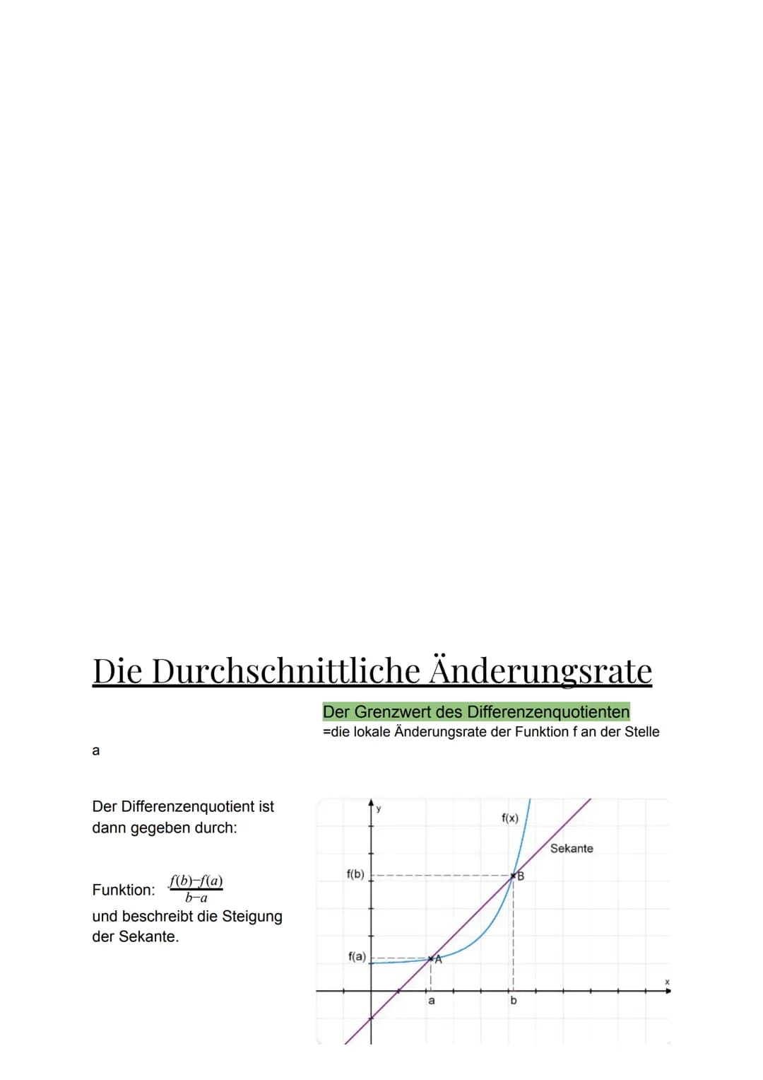 Die Durchschnittliche Änderungsrate
Der Grenzwert des Differenzenquotienten
=die lokale Änderungsrate der Funktion f an der Stelle
a
Der Dif