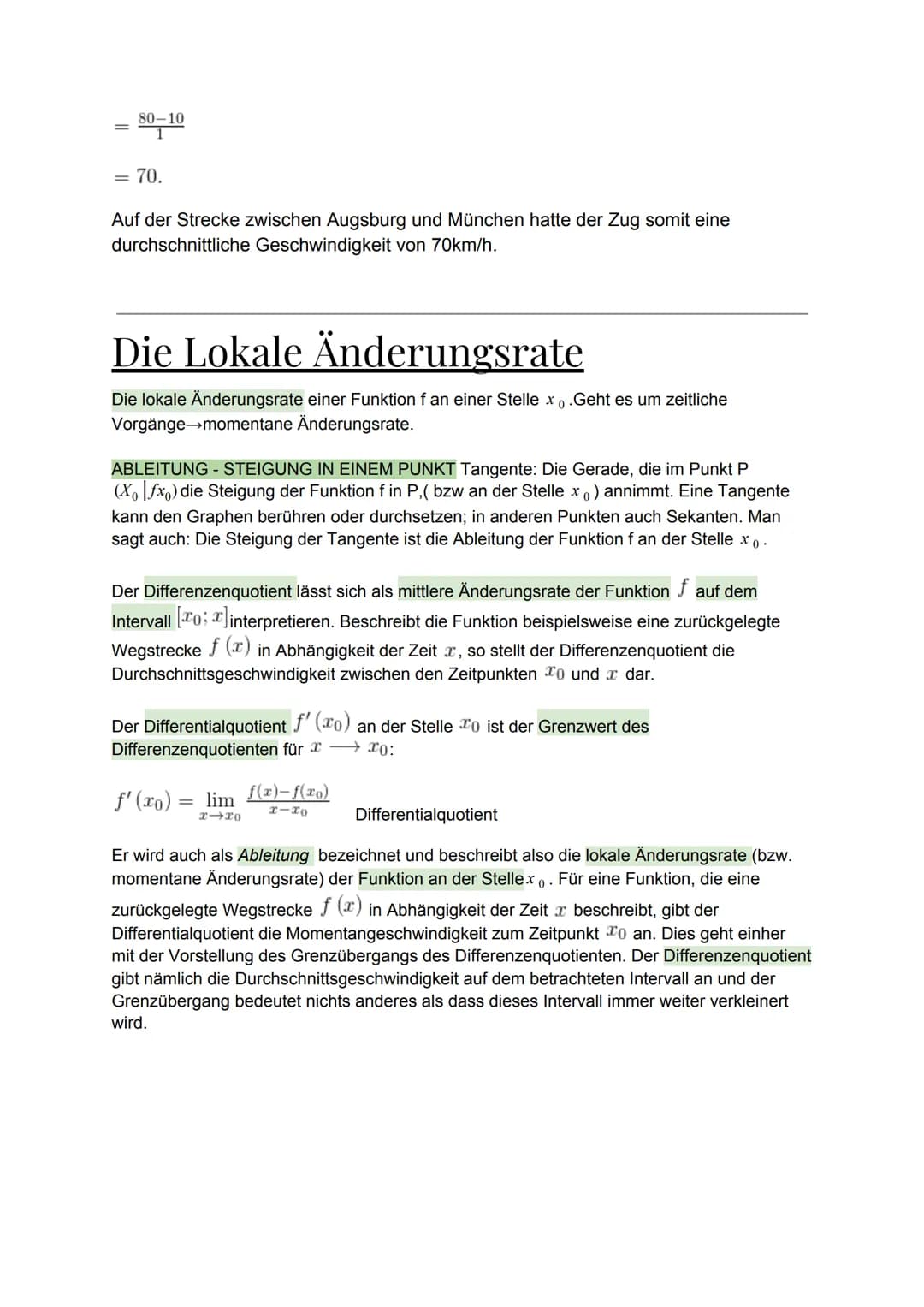 Die Durchschnittliche Änderungsrate
Der Grenzwert des Differenzenquotienten
=die lokale Änderungsrate der Funktion f an der Stelle
a
Der Dif