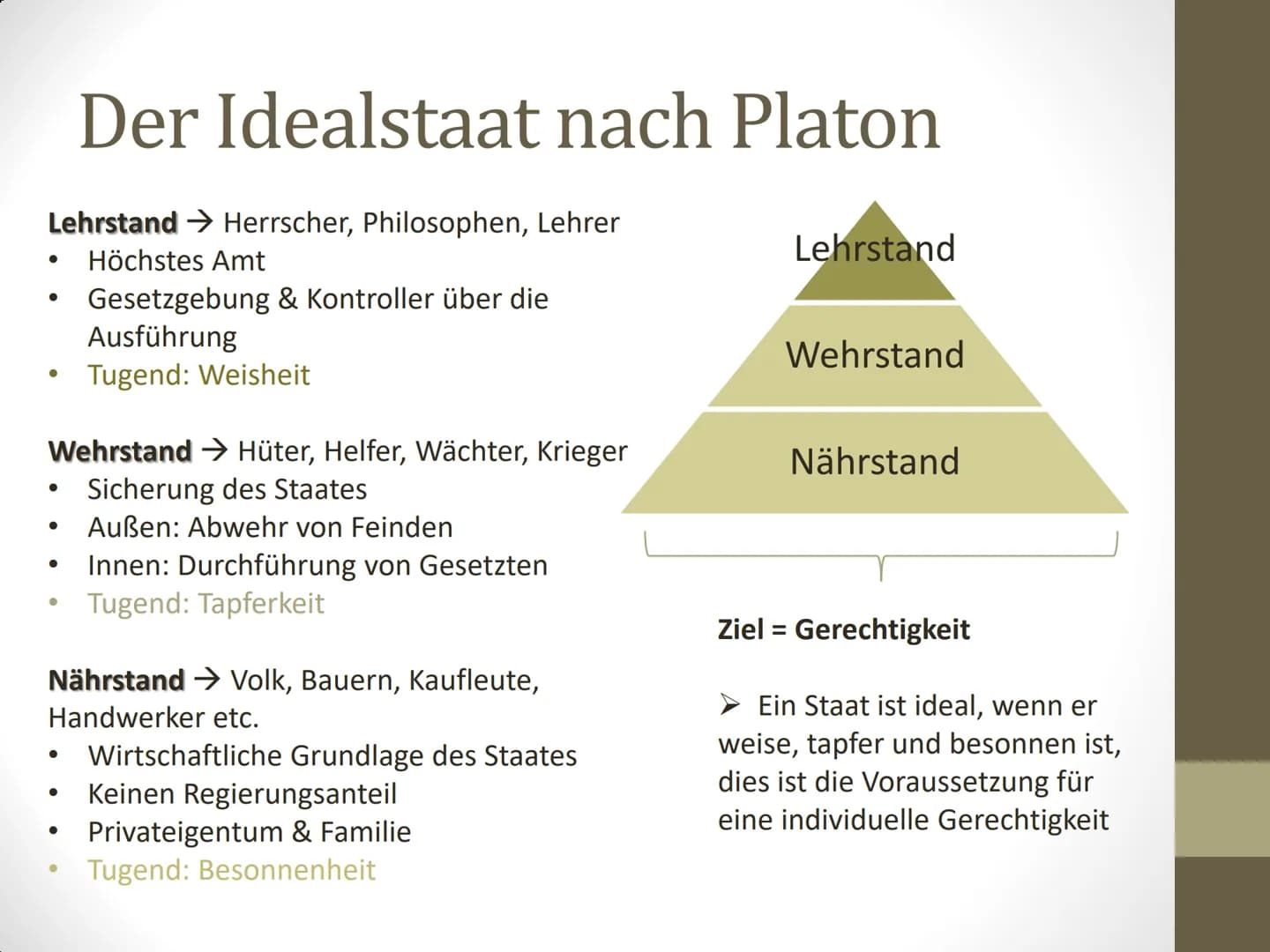 Platon und sein
Idealstaat
Von Noelle, Maya, Anna Inhaltsverzeichnis
●
●
●
●
Zu Platon
Was ist eine Tugend und welche waren für Platon wicht