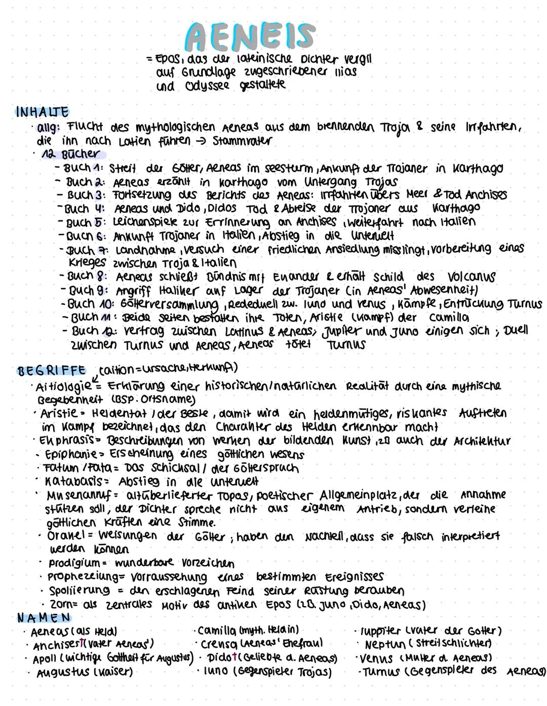 # AENEIS
= Epos, das der lateinische Dichter vergil
auf Grundlage zugeschriebener ilias
und Odyssee gestaltete

INHALTE
allg: Flucht des myt