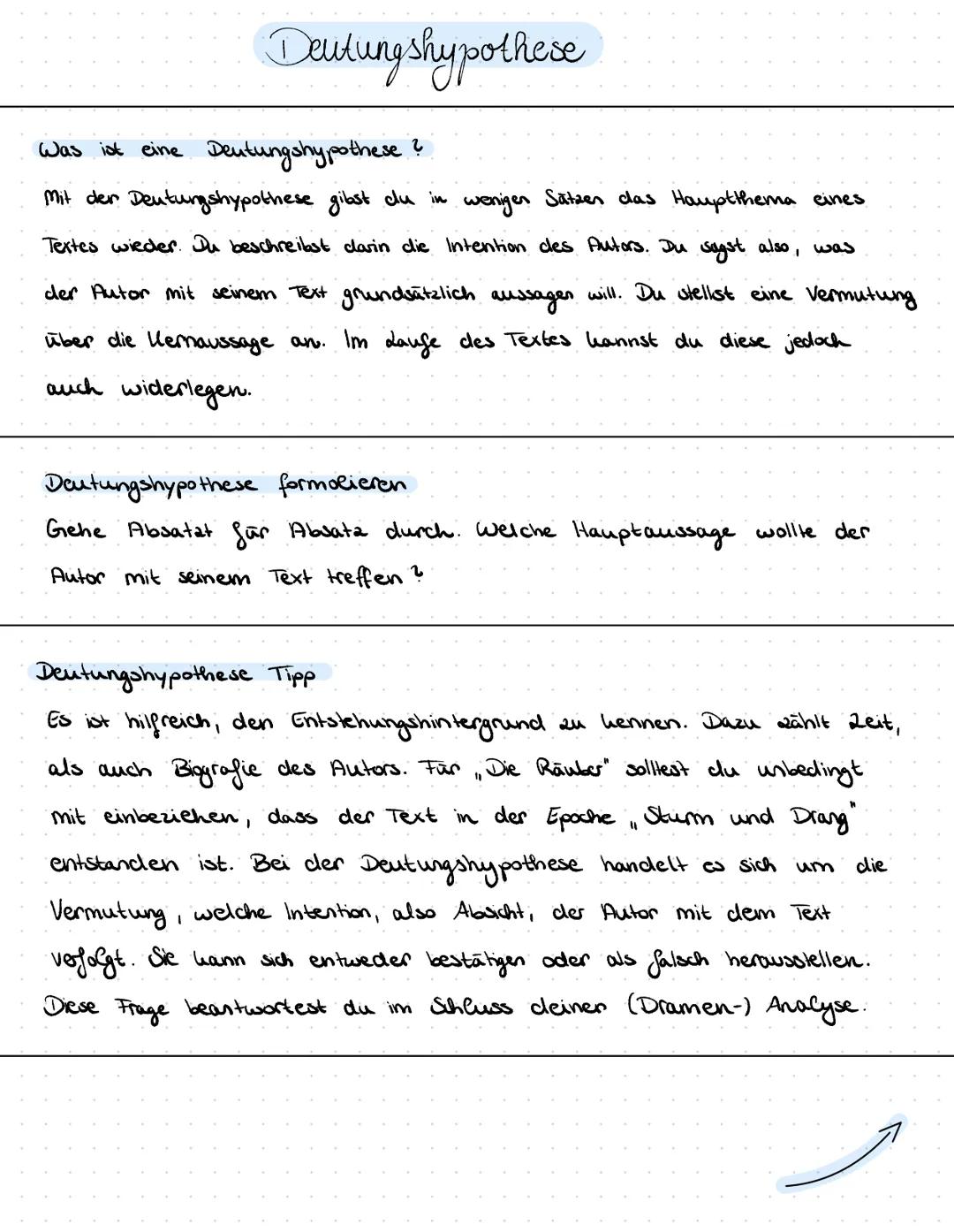 Deutungshypothese
Was ist eine Deutungshypothese.
Mit der Deutungshypothese gibst du in wenigen Sätzen das Hauptthema eines
Textes wieder. D