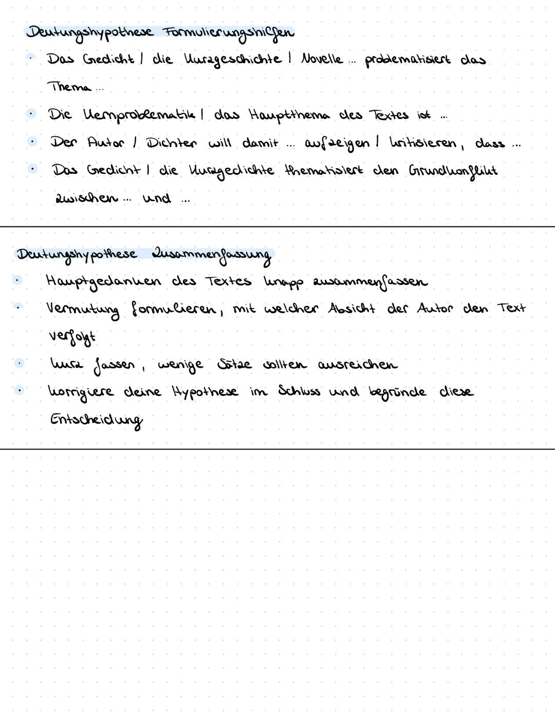 Deutungshypothese
Was ist eine Deutungshypothese.
Mit der Deutungshypothese gibst du in wenigen Sätzen das Hauptthema eines
Textes wieder. D