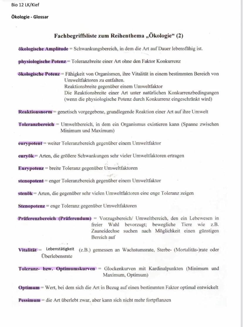 Abiotische Faktoren:
- Temperatur:
Toleranzkurven:
Produzierte
Biomasse
Minimum
(Tod)
Optimum
Toleranz
Pessimum Pejus Präferendum Pejus Pess