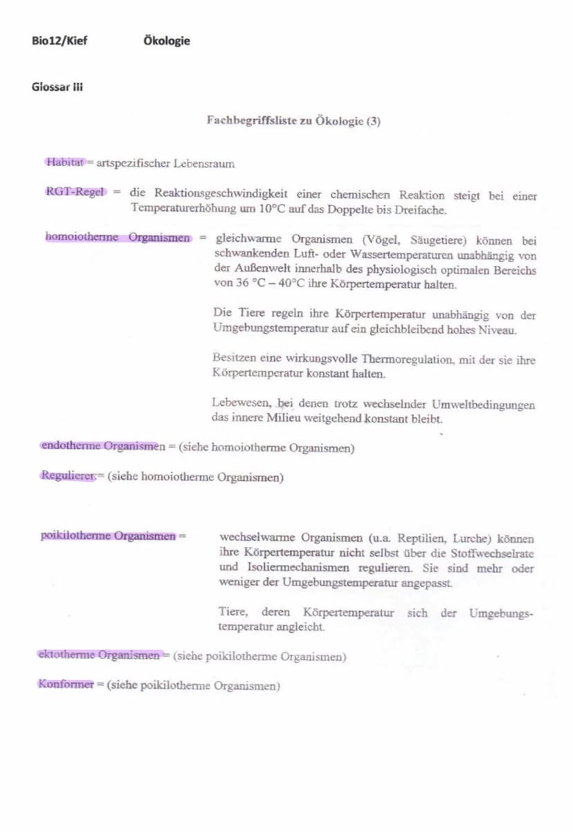 Abiotische Faktoren:
- Temperatur:
Toleranzkurven:
Produzierte
Biomasse
Minimum
(Tod)
Optimum
Toleranz
Pessimum Pejus Präferendum Pejus Pess