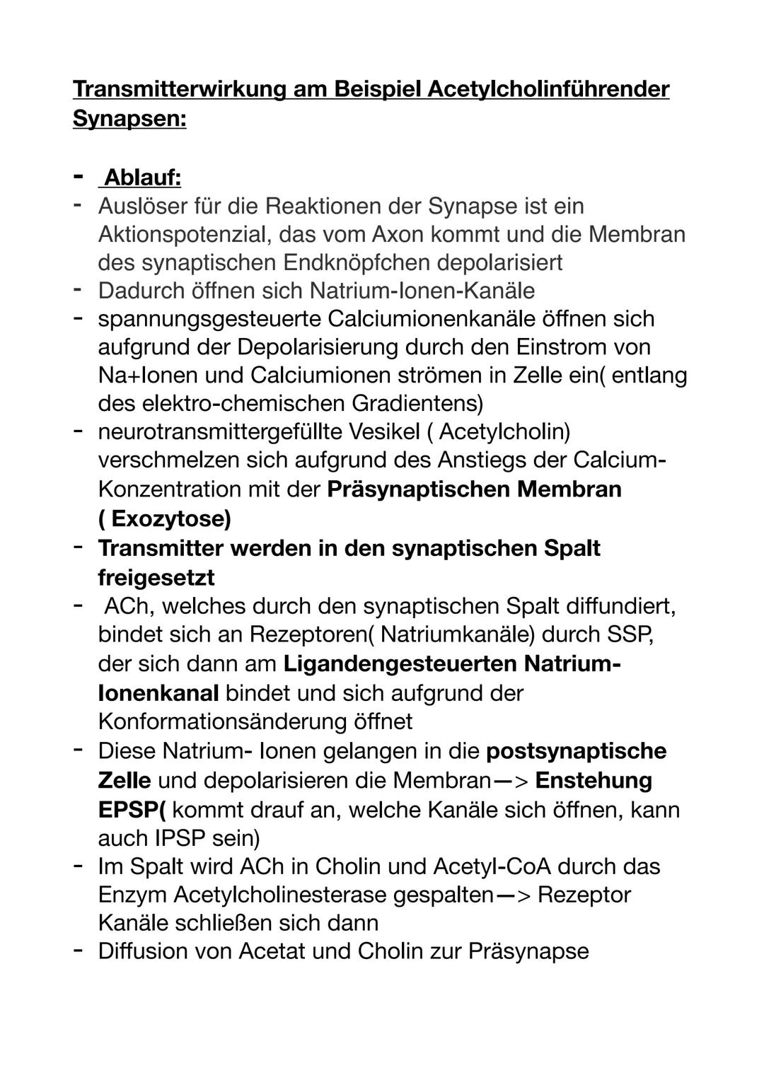 Transmitterwirkung am Beispiel Acetylcholinführender
Synapsen:
-
-
-
-
Ablauf:
Auslöser für die Reaktionen der Synapse ist ein
Aktionspotenz