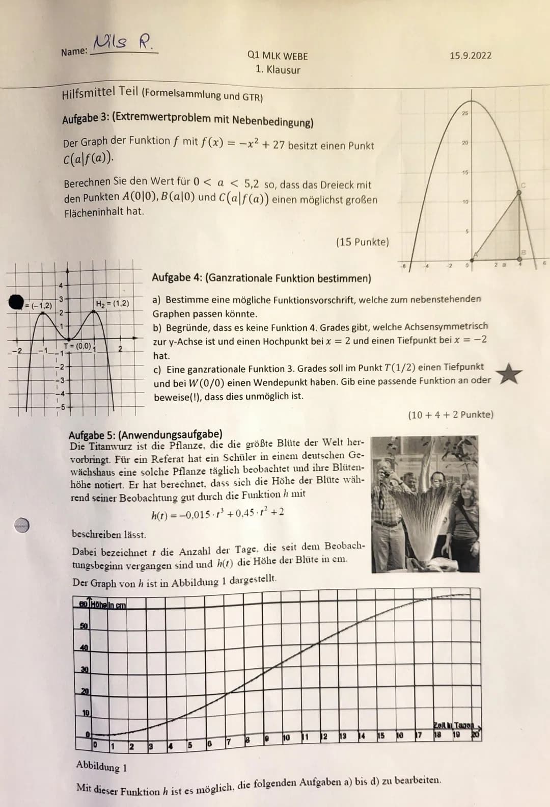 Name: Nils R
Hilfsmittelfreier Teil
Q1 MLK WEBE
15.9.2022
1. Klausur
Aufgabe 1: (Ganzrationale Funktionen untersuchen)
Gegen sei die Funktio