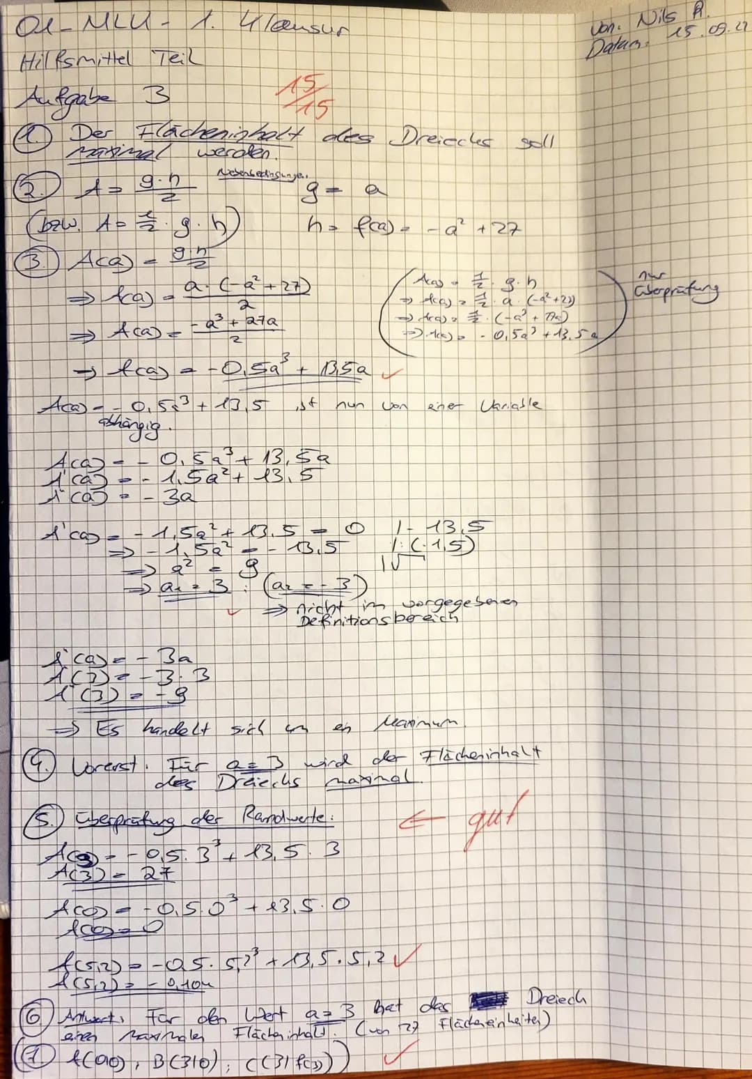 Name: Nils R
Hilfsmittelfreier Teil
Q1 MLK WEBE
15.9.2022
1. Klausur
Aufgabe 1: (Ganzrationale Funktionen untersuchen)
Gegen sei die Funktio