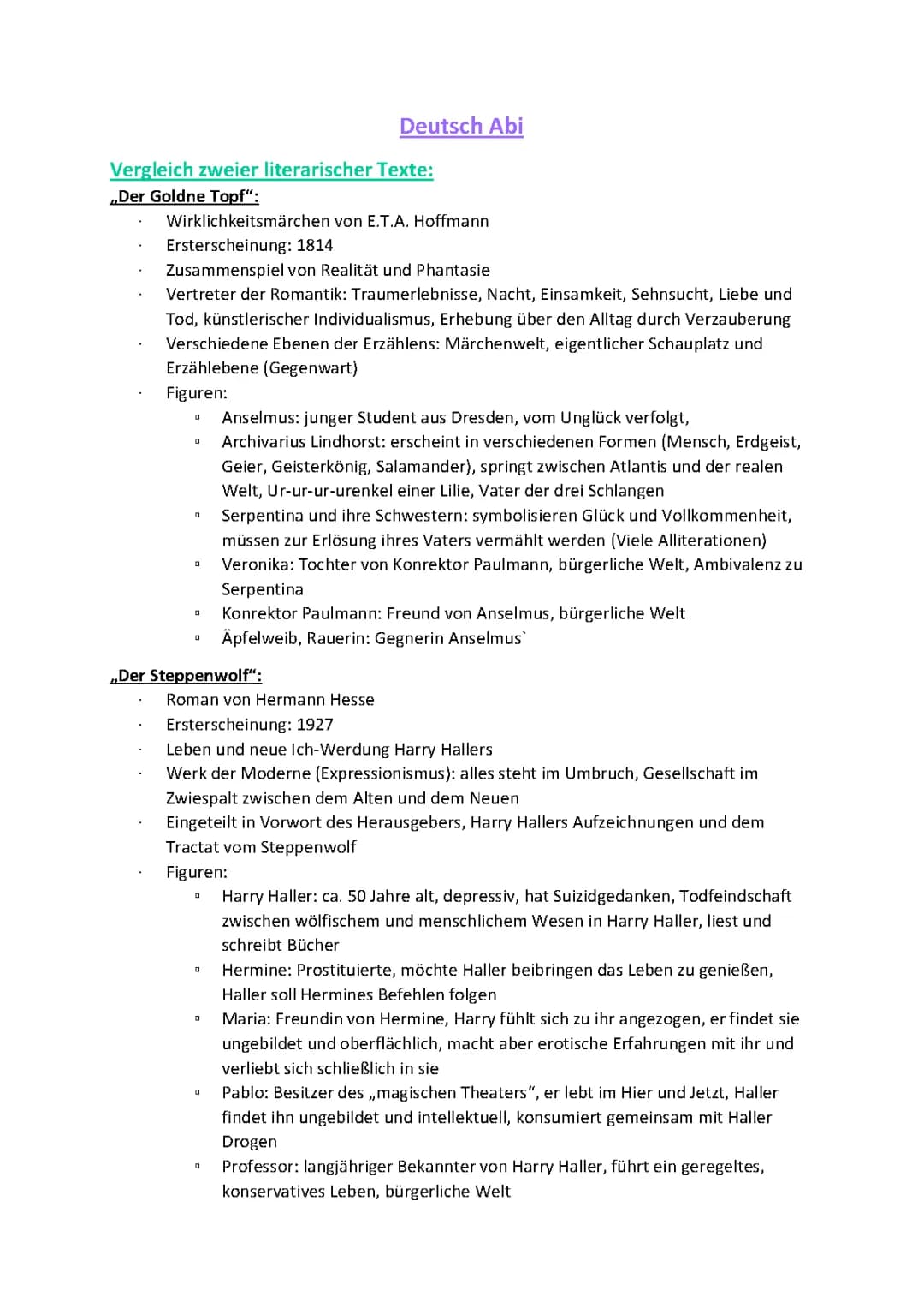 Werkvergleich "Der goldne Topf" und "Steppenwolf"