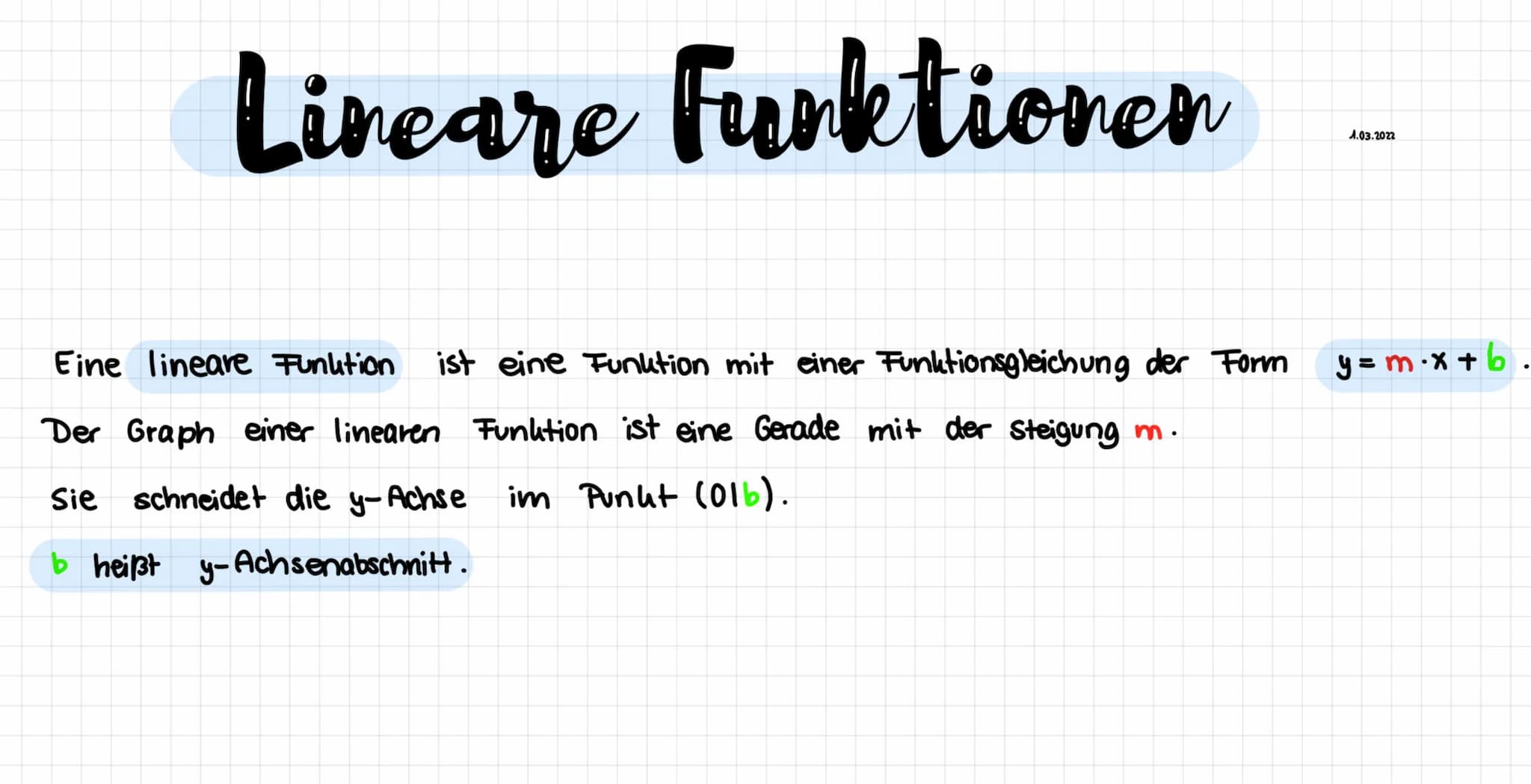 Merksatz Steigung
Im heißt auch steigung der Funktion f.
Sie kann am Graphen von f mithilfe des Steigungsdreiecks abgelesen werden:
1) Gehen