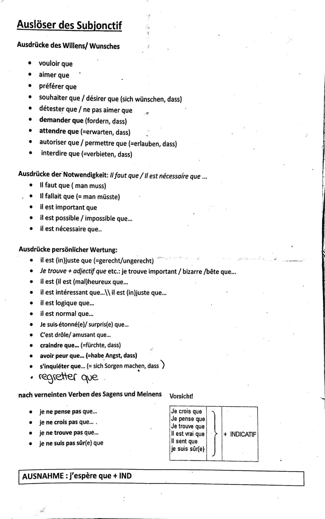 Auslöser des Subjonctif
Ausdrücke des Willens/ Wunsches
●
●
●
●
●
●
●
Ausdrücke der Notwendigkeit: Il faut que / Il est nécessaire que ...
I