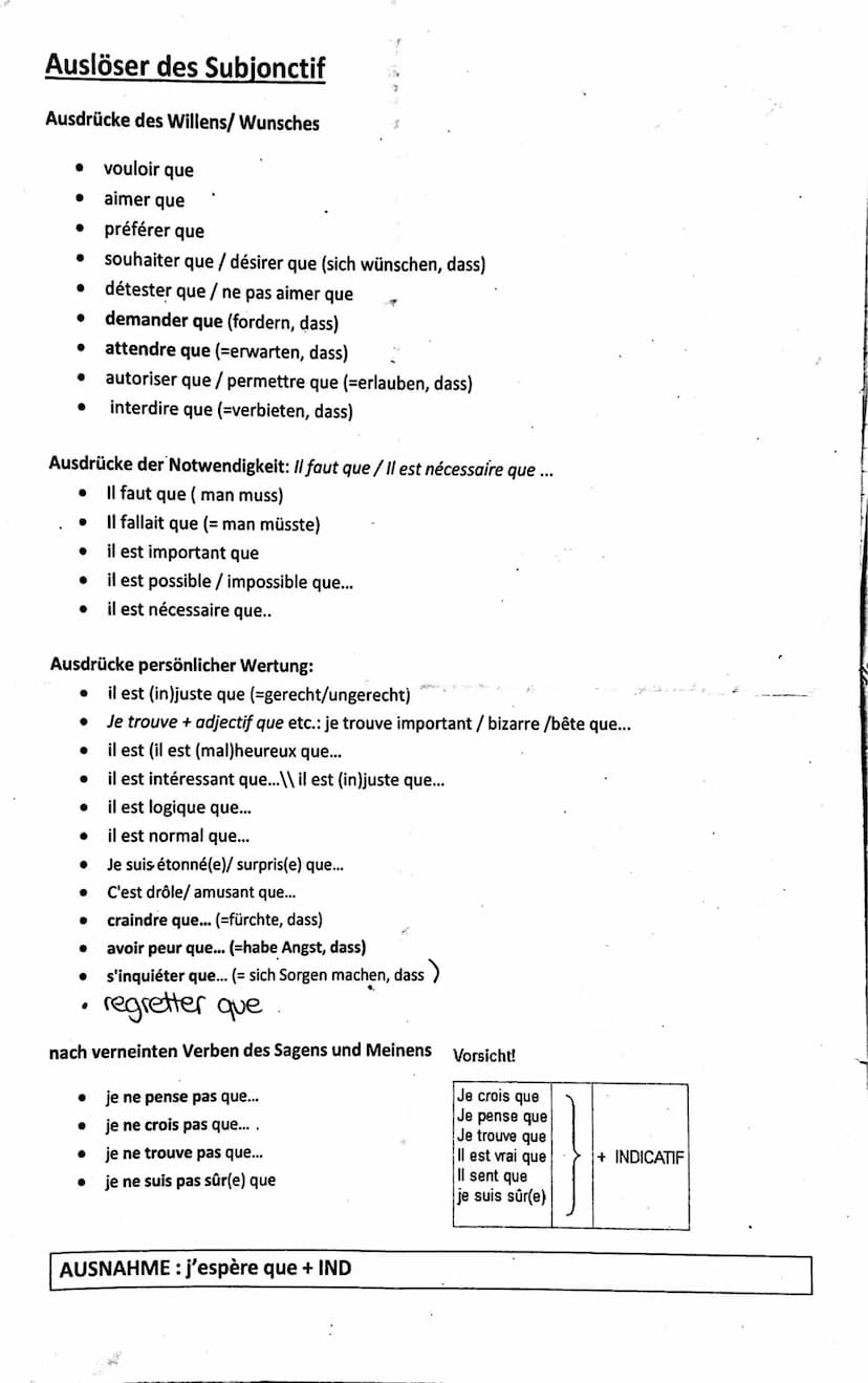 Auslöser des Subjonctif
Ausdrücke des Willens/ Wunsches
●
●
●
●
●
●
●
Ausdrücke der Notwendigkeit: Il faut que / Il est nécessaire que ...
I