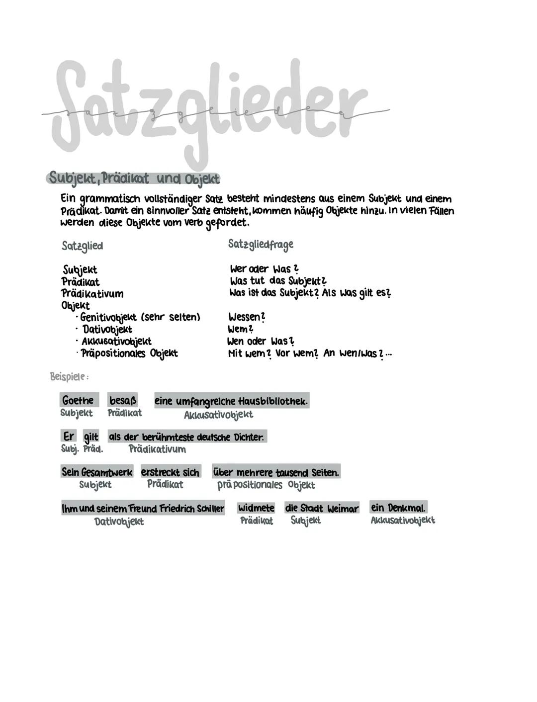 # Satzglieder

Subjekt, Prädikat und Objekt

Ein grammatisch vollständiger Satz besteht mindestens aus einem Subjekt und einem
Prädikat. Dam